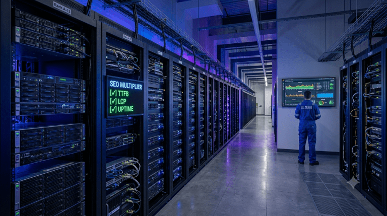 a shot of server handling hosting server racks used to show how Web Hosting Affect SEO